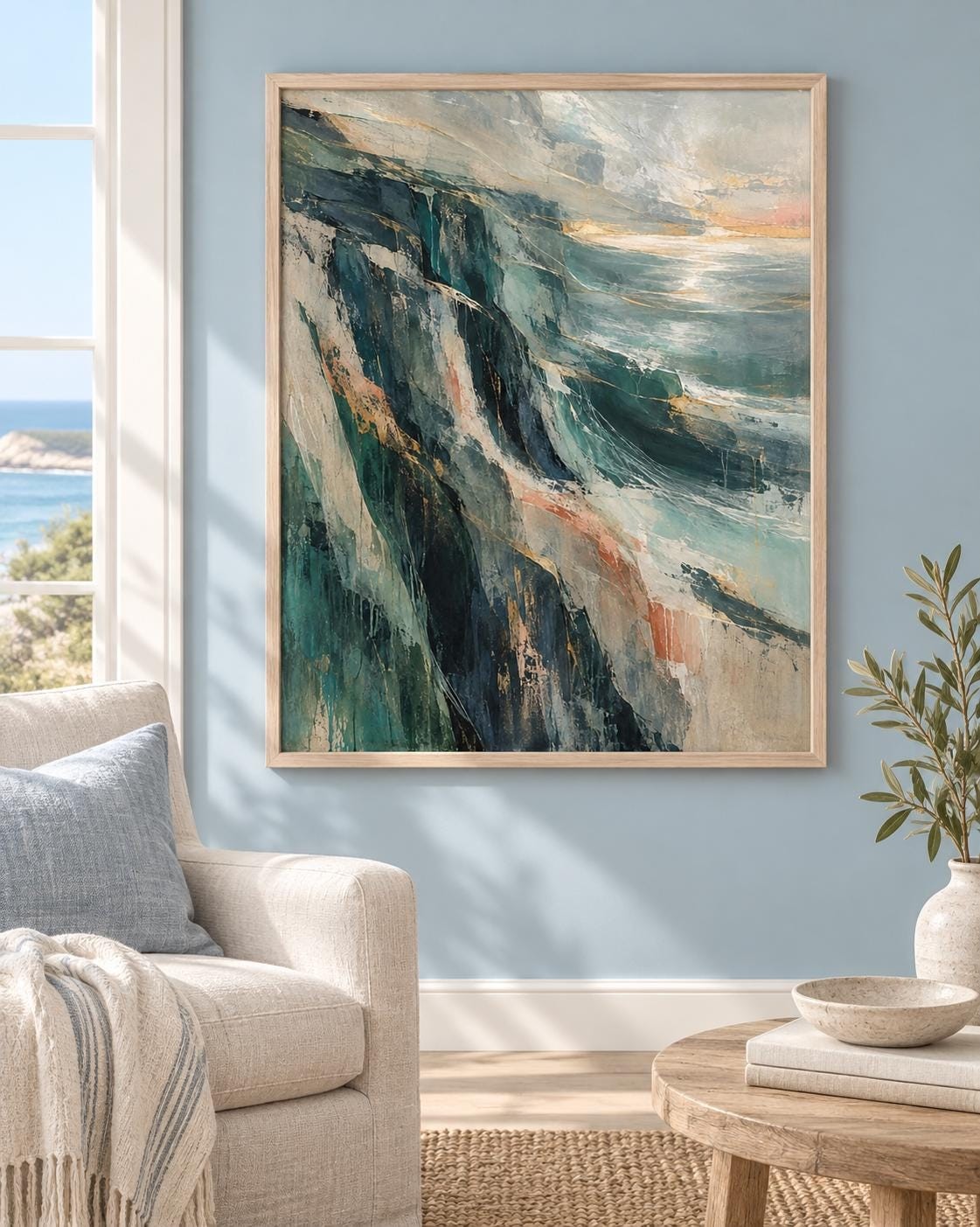 Howth Coastal Wall Art Print, Abstract Irish Cliffs and Sea, Digital Download — presentación de la obra