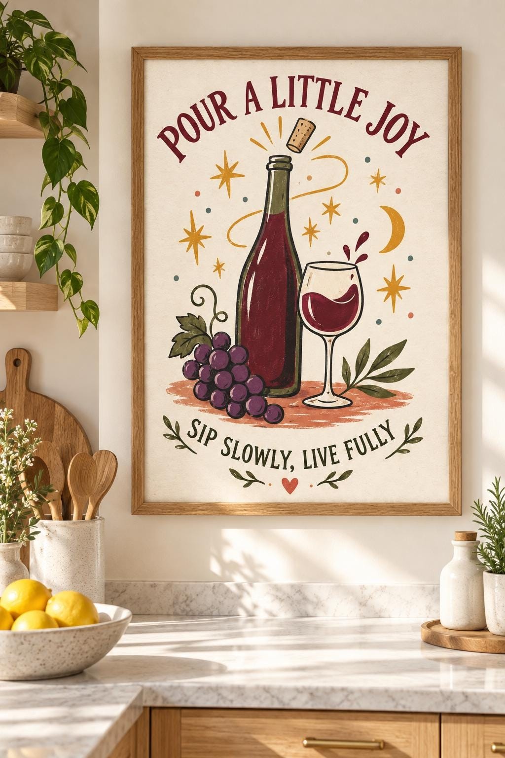 Pour a Little Joy Wine Art Print, Grapes, Burgundy Palette (Digital Download) — presentación de la obra