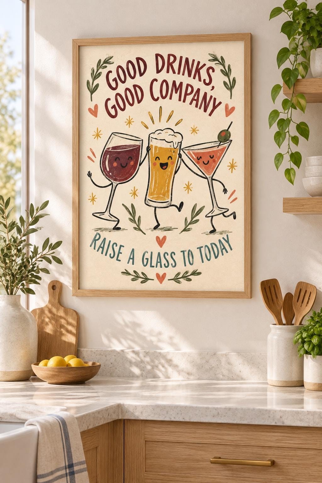 Wine Beer and Martini Printable Art, Good Drinks Good Company, Home Bar Digital Download — presentación de la obra