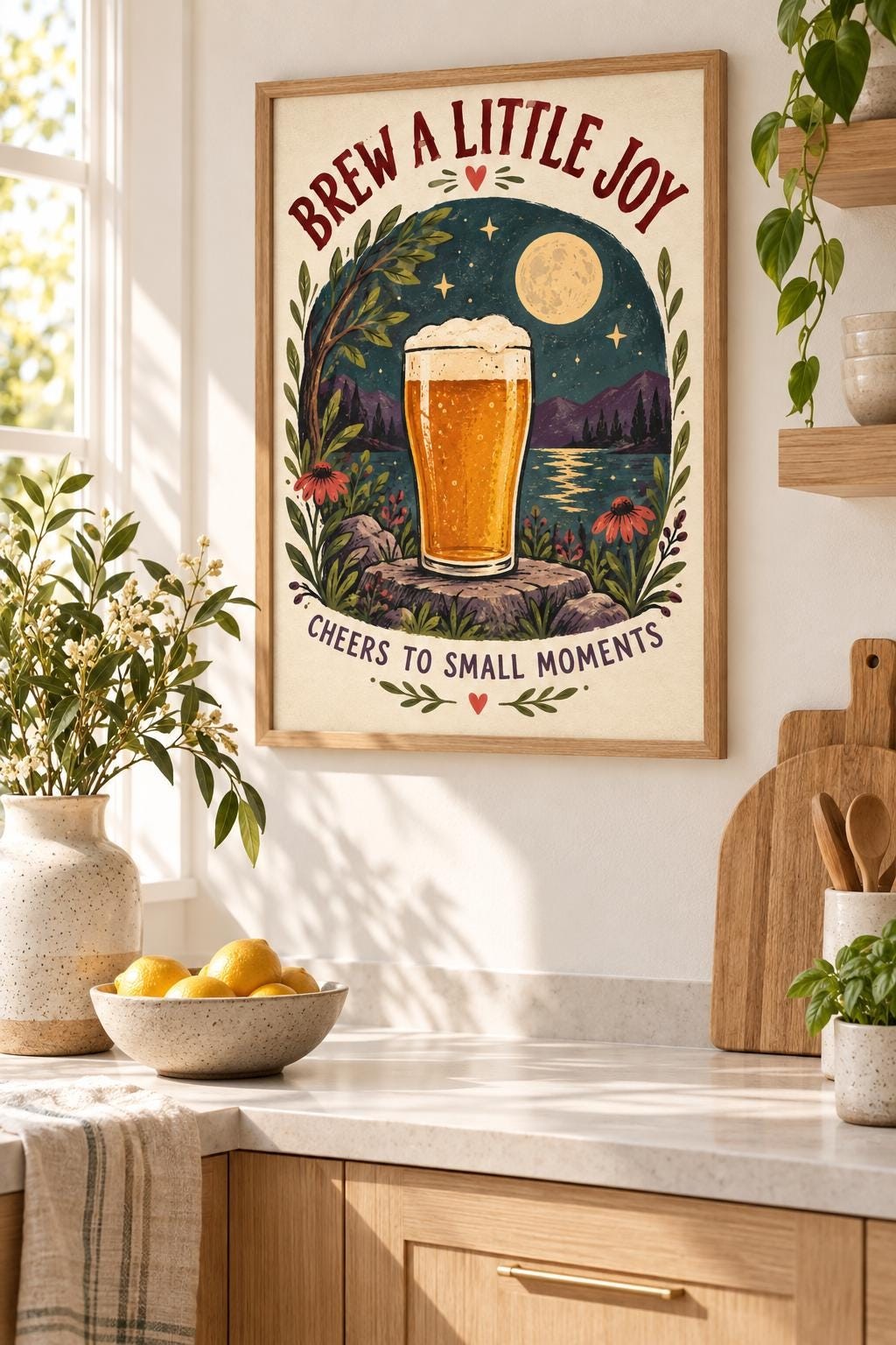 Beer Pint Printable Wall Art, Brew a Little Joy, Botanical Home Bar Decor, Digital Download — presentación de la obra