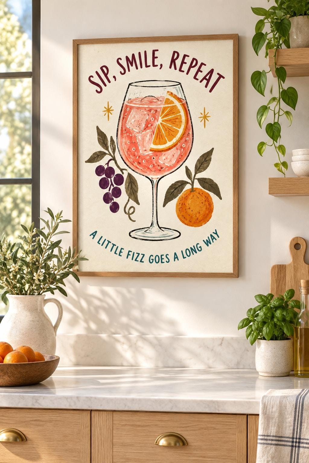 Spritz Cocktail Printable Art, Sip Smile Repeat, Pink and Orange Home Bar Digital Download — presentación de la obra