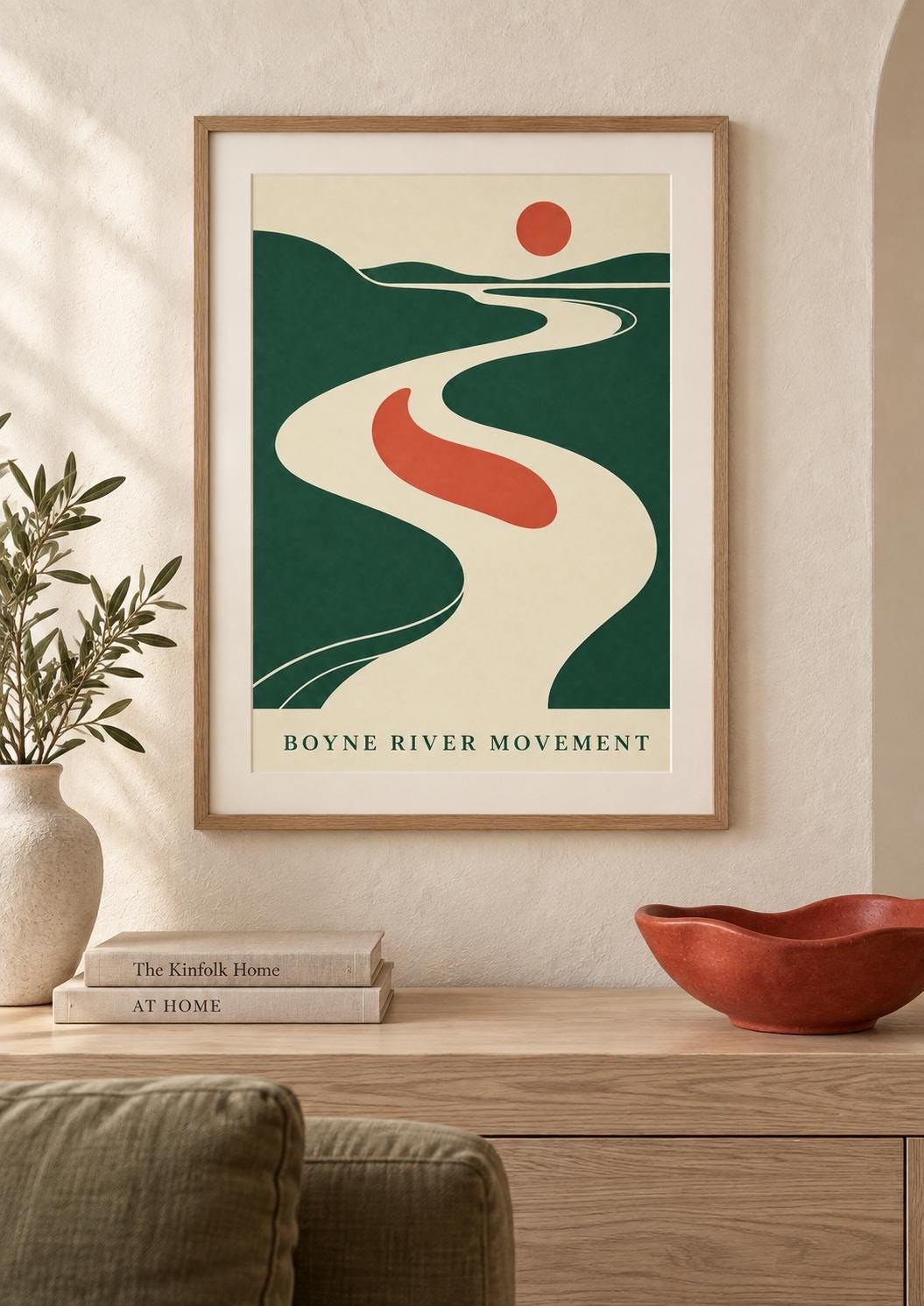 Boyne River Movement Printable Art, Green Coral River Landscape, Two Versions Digital Download — presentación de la obra