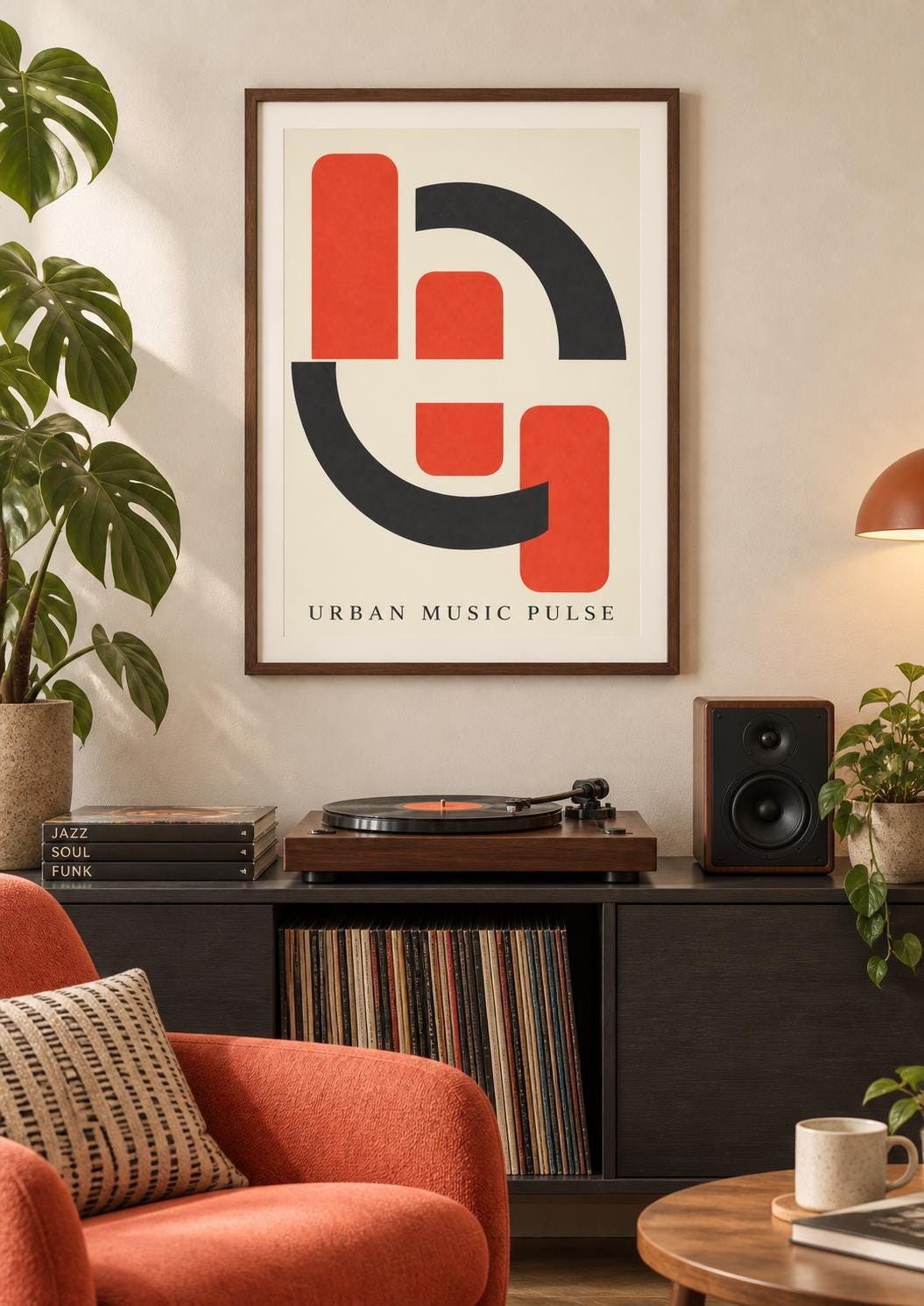 Urban Music Pulse Printable Art, Coral Charcoal Music Abstract, Two Versions Digital Download — presentación de la obra