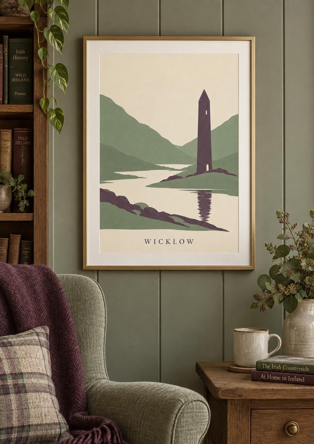 Wicklow County Printable Art, Round Tower and Mountain Lake, Irish Digital Download — presentación de la obra