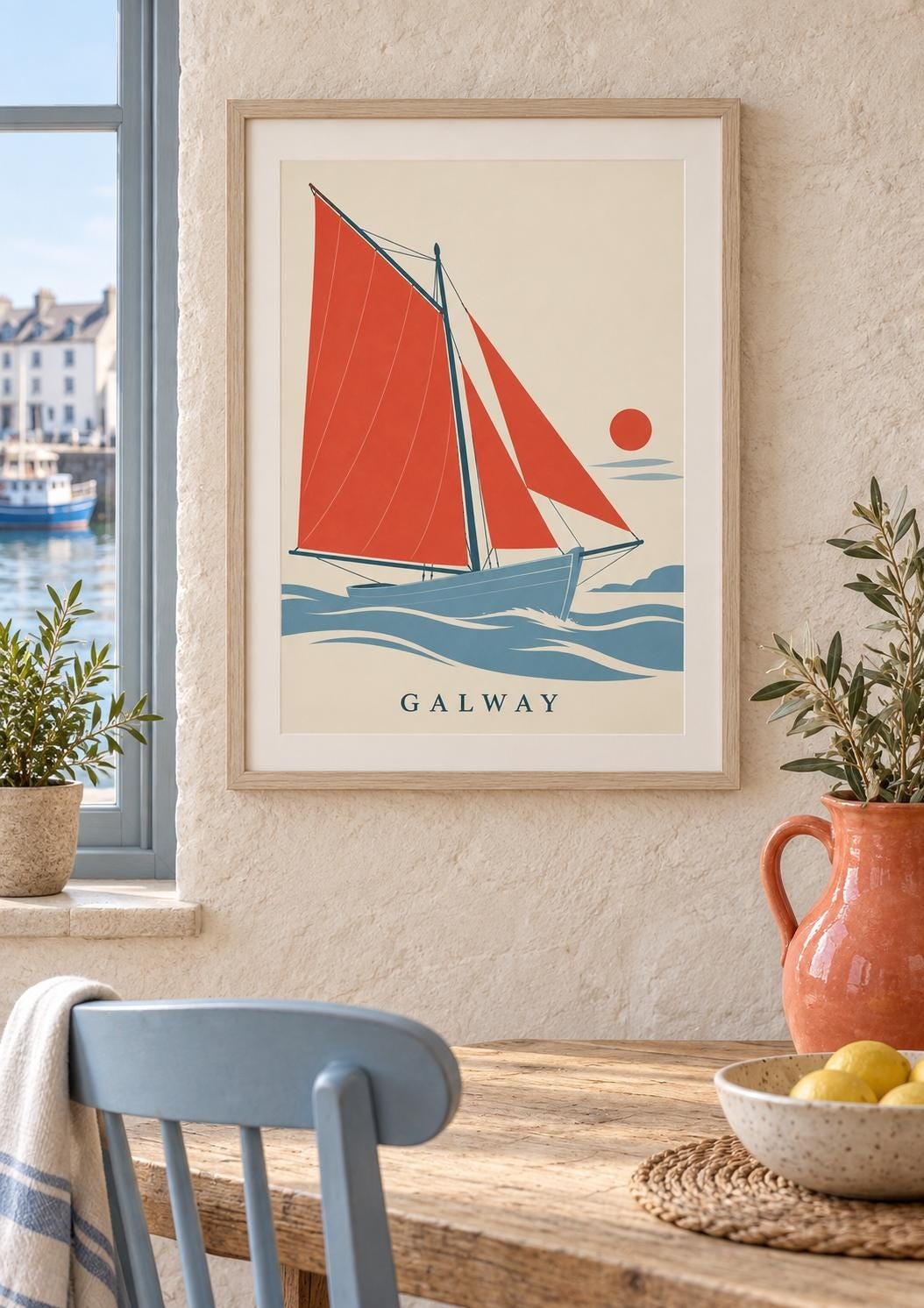 Galway County Printable Art, Red Sailboat Coastal Design, Irish Digital Download — presentación de la obra