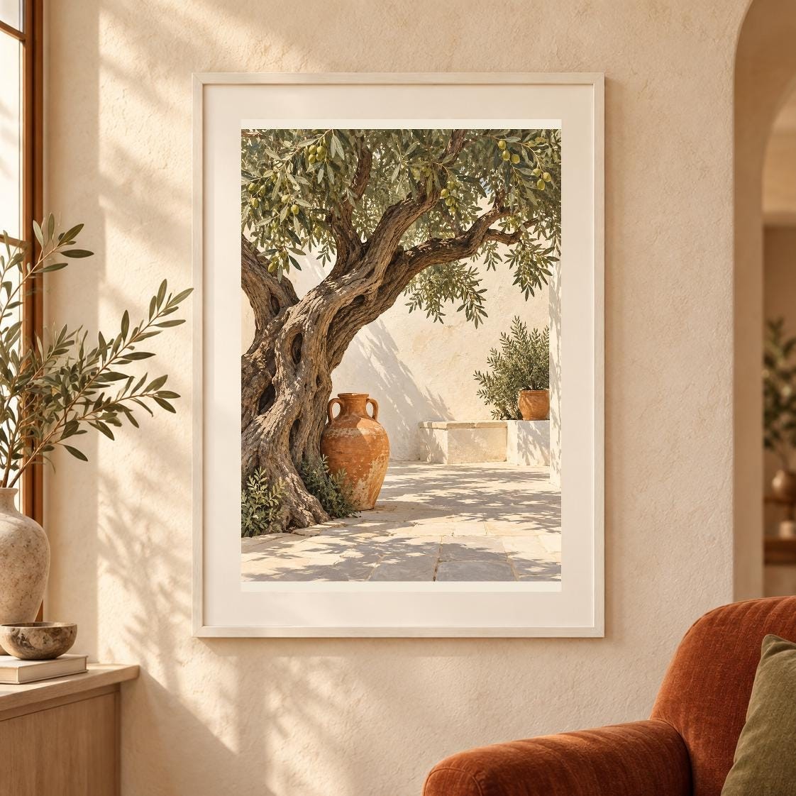Puglia Olive Tree Courtyard Print | Warm Terracotta Pottery Art (Digital Download) — presentación de la obra