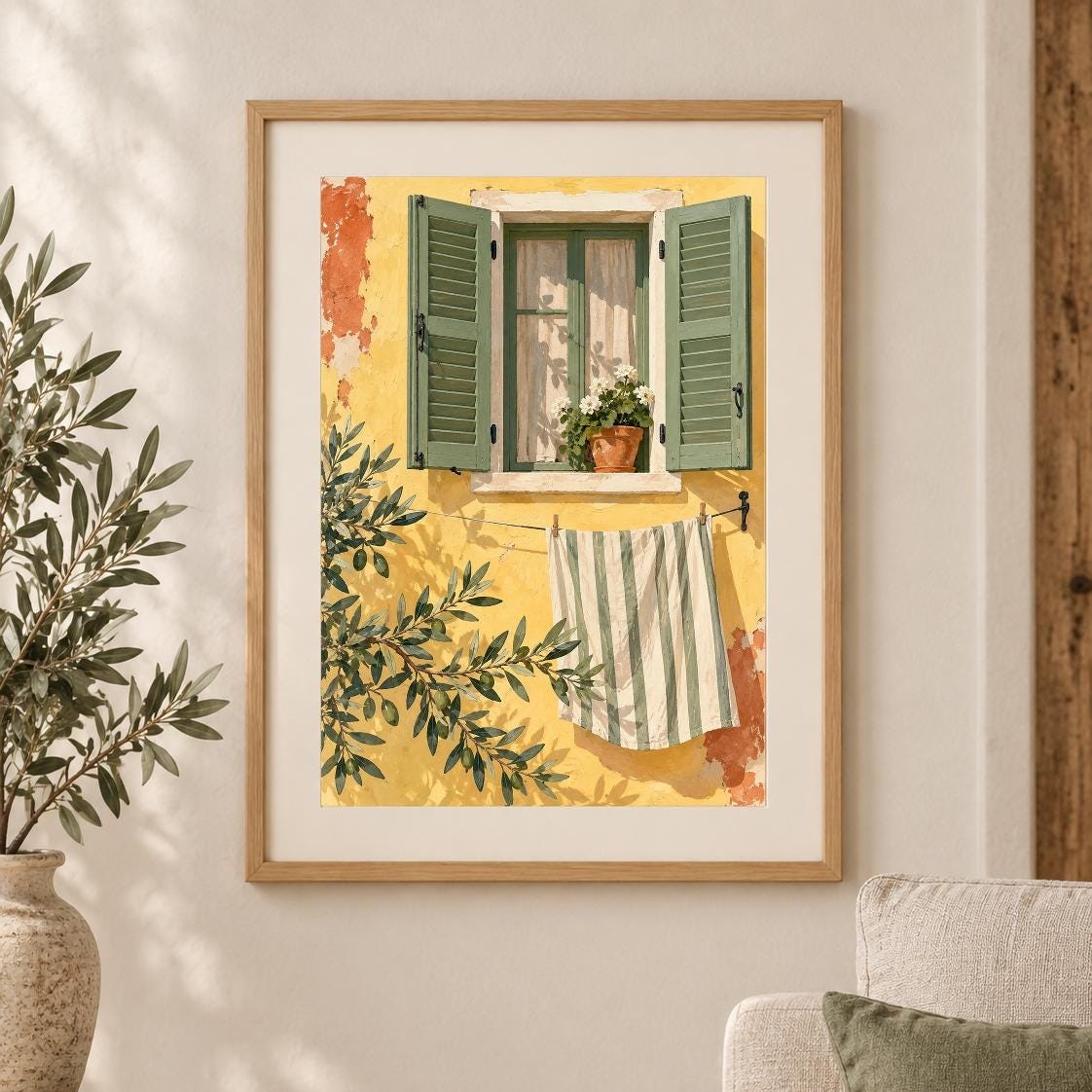 Corfu Shutter Breeze Print | Sage Green Shutters, Striped Cloth (Digital Download) — presentación de la obra