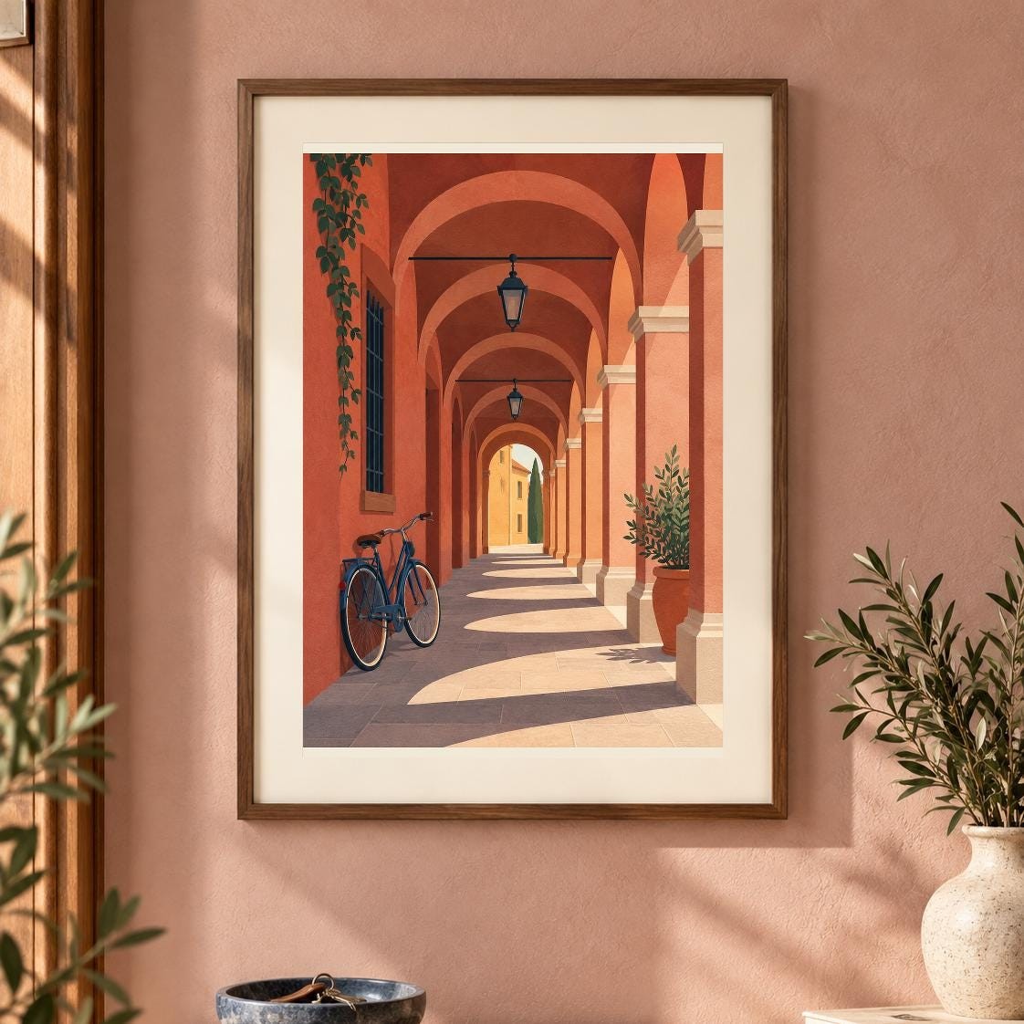 Bologna Portico Art Print | Terracotta Arches, Bicycle (Digital Download) — presentación de la obra