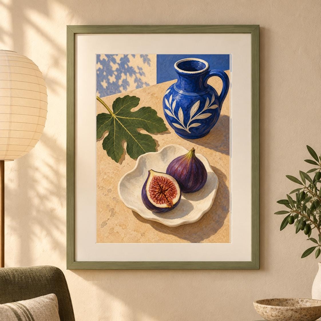 Sardinian Fig Still Life Print | Handmade Ceramic Vase, Leafy Shadows (Digital Download) — presentación de la obra