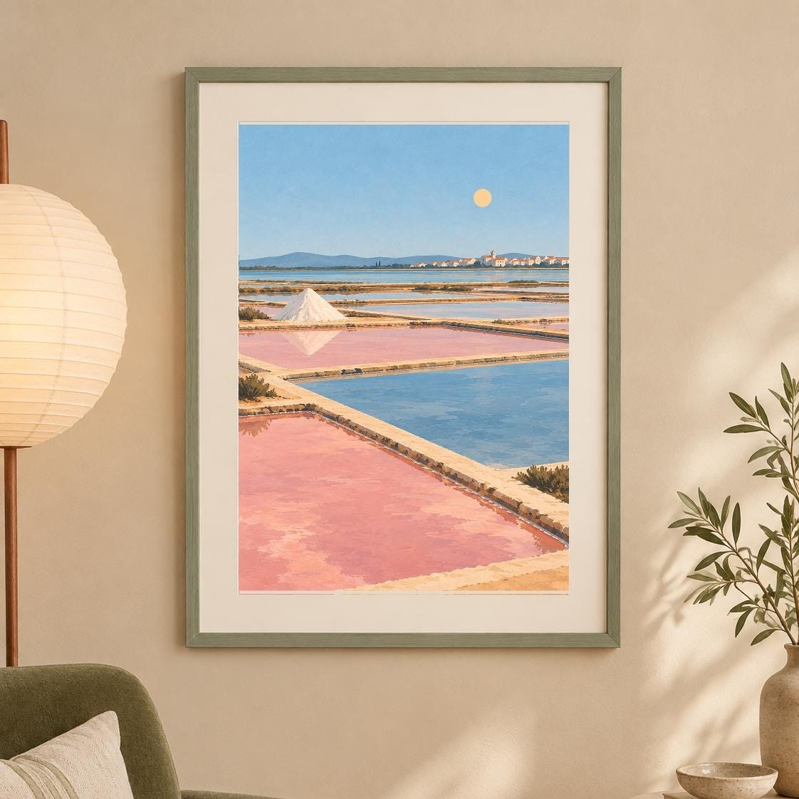 Aveiro Salt Pans Landscape Print | Soft Pink & Blue Water (Digital Download) — presentación de la obra