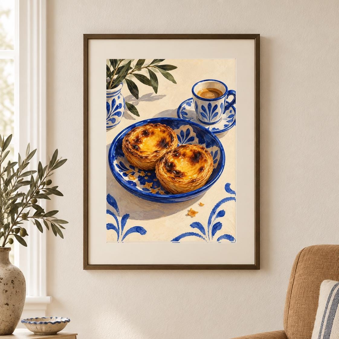 Portuguese Custard Tart Morning Print | Blue & White Ceramics (Digital Download) — presentación de la obra