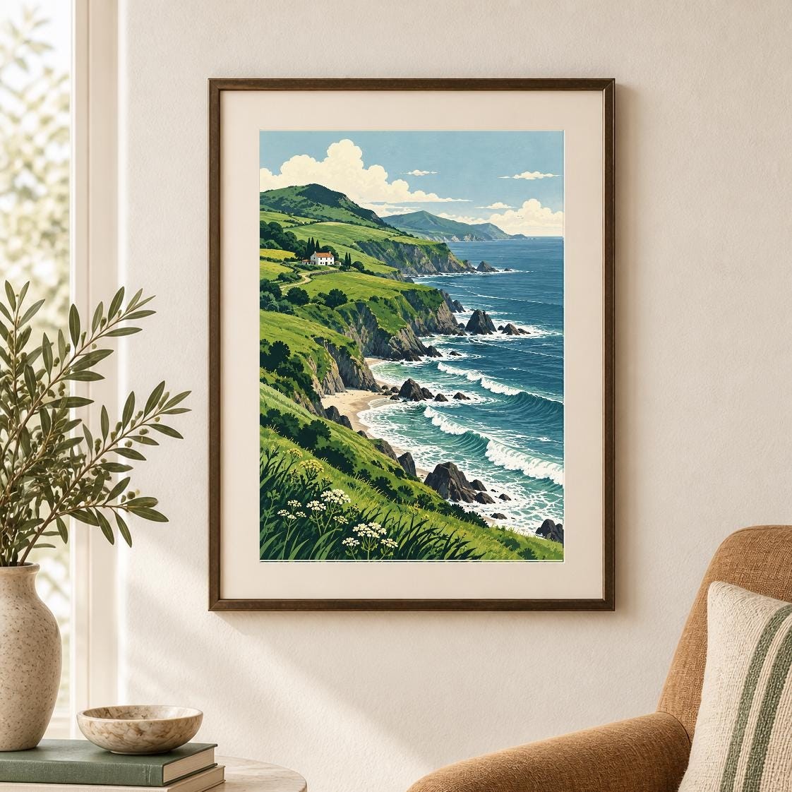 Basque Coast Landscape Print | Green Atlantic Cliffs, Ocean Waves (Digital Download) — presentación de la obra