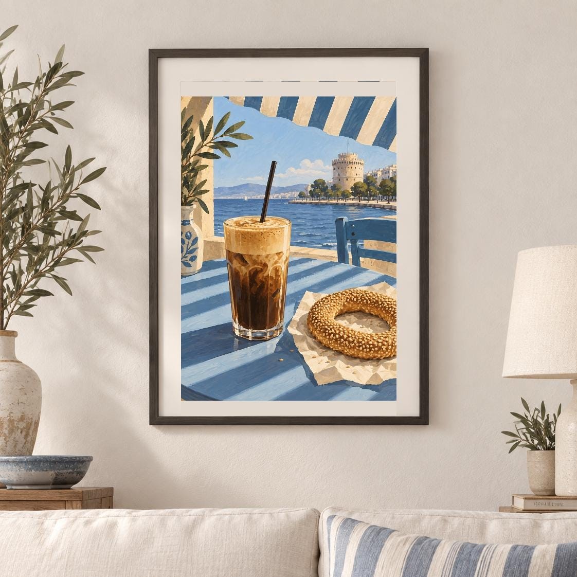 Thessaloniki Coffee Break Print | Iced Coffee, Sesame Ring, Waterfront (Digital Download) — presentación de la obra
