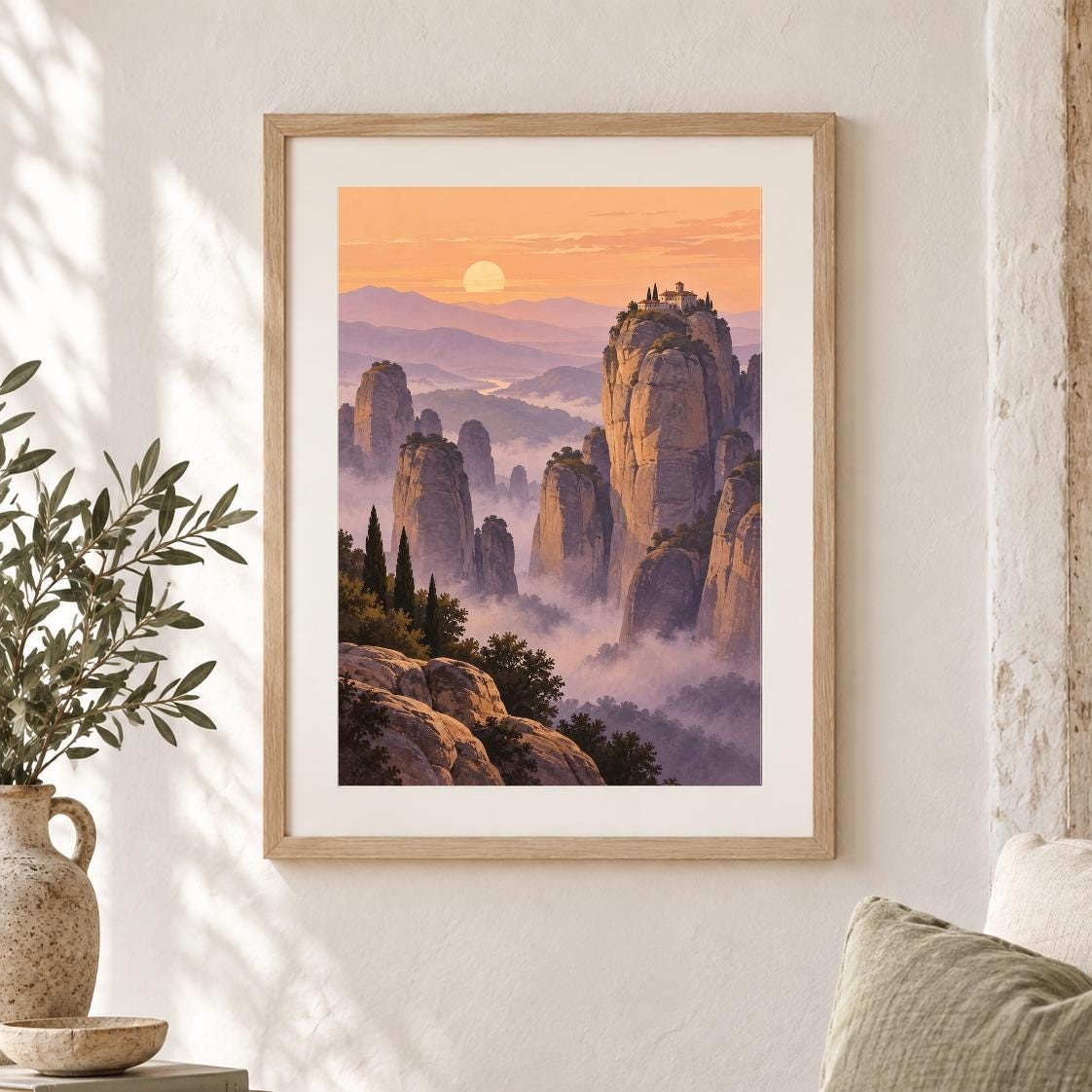 Meteora Mountain Landscape Print | Printable Wall Art | Meteora Dusk Pillars | Digital Download — presentación de la obra