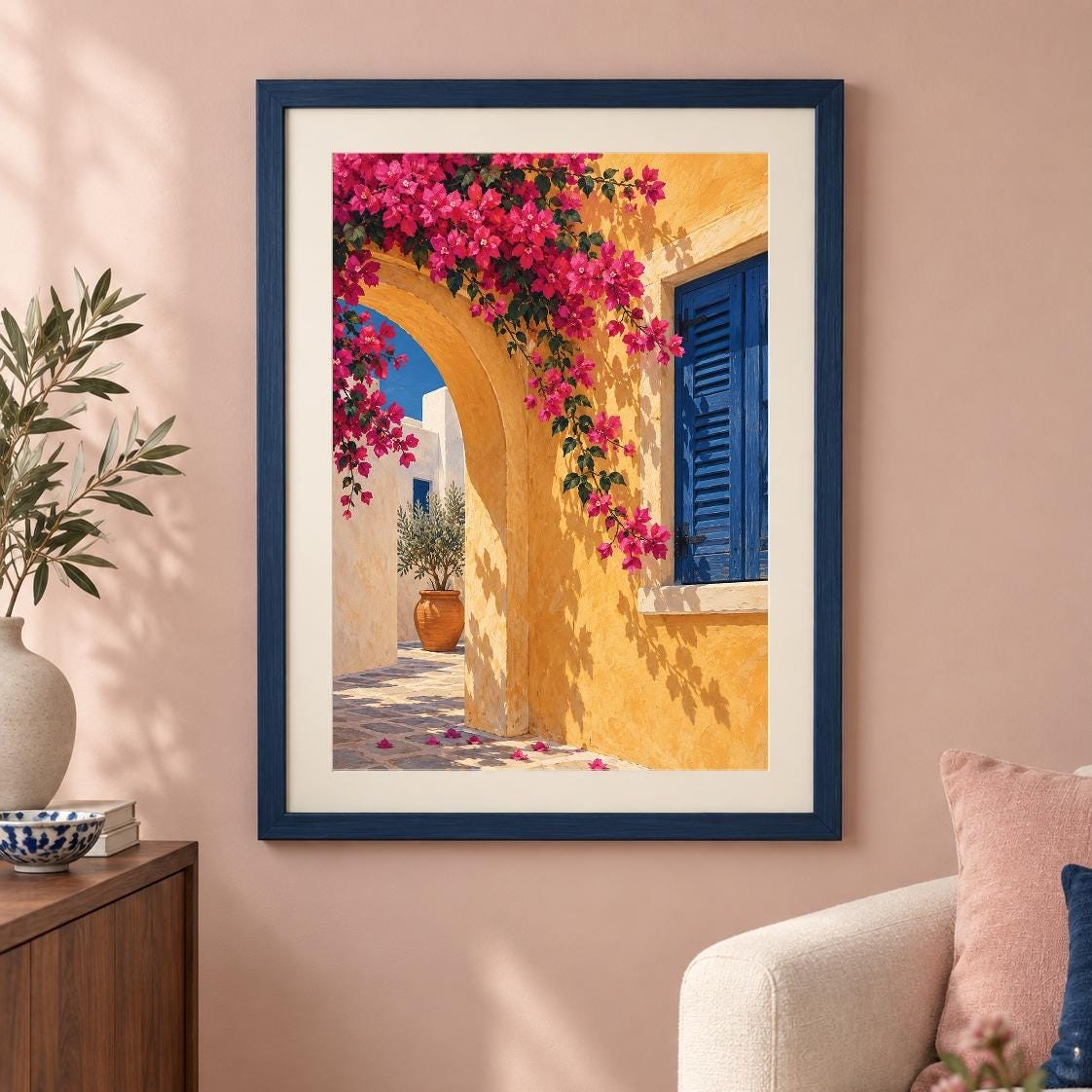 Nafplio Flower Courtyard Print | Bougainvillea Arch, Blue Shutter (Digital Download) — presentación de la obra