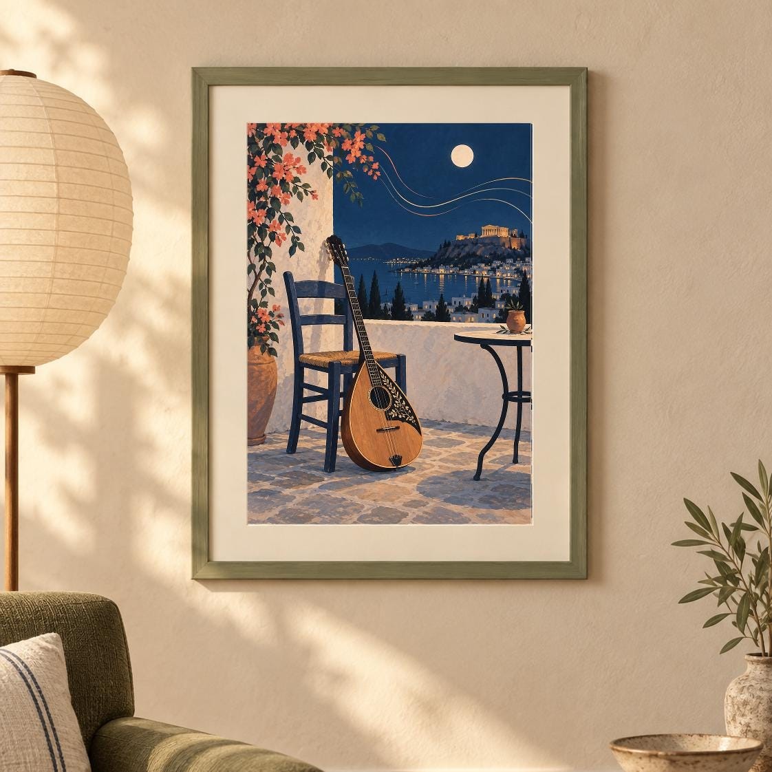 Greek Bouzouki Evening Print | Coastal Night Art (Digital Download) — presentación de la obra