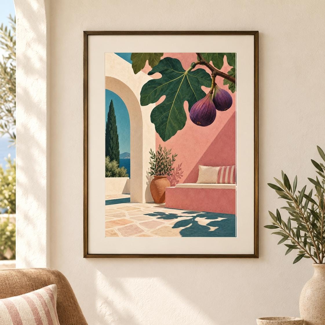 Rhodes Fig Courtyard Print | Painterly Fig Leaves, Warm Bench (Digital Download) — presentación de la obra