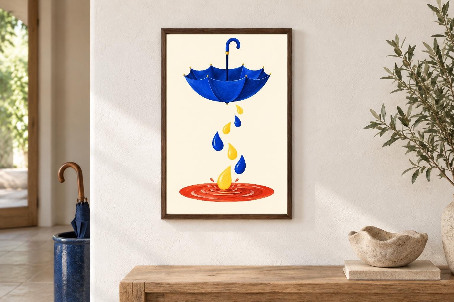 Blue Umbrella and Raindrops Wall Art | Rain Goes Dancing | Digital Download — presentación de la obra