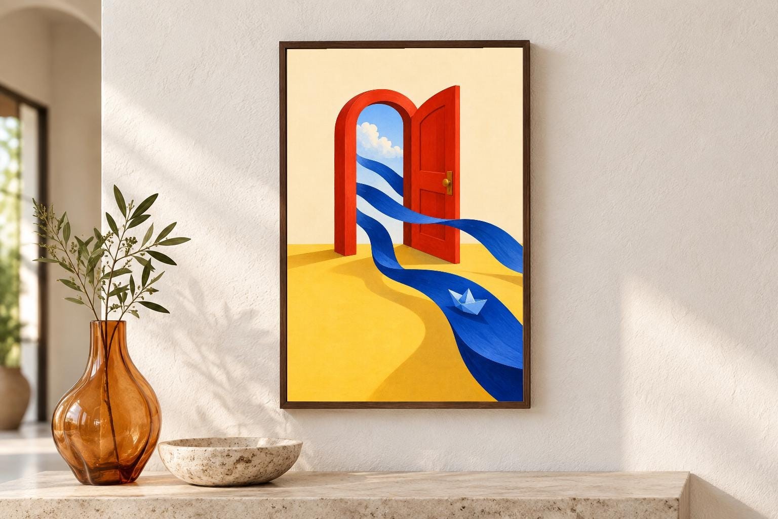Red Door and Paper Boat Wall Art | A Door for the Breeze | Digital Download — presentación de la obra