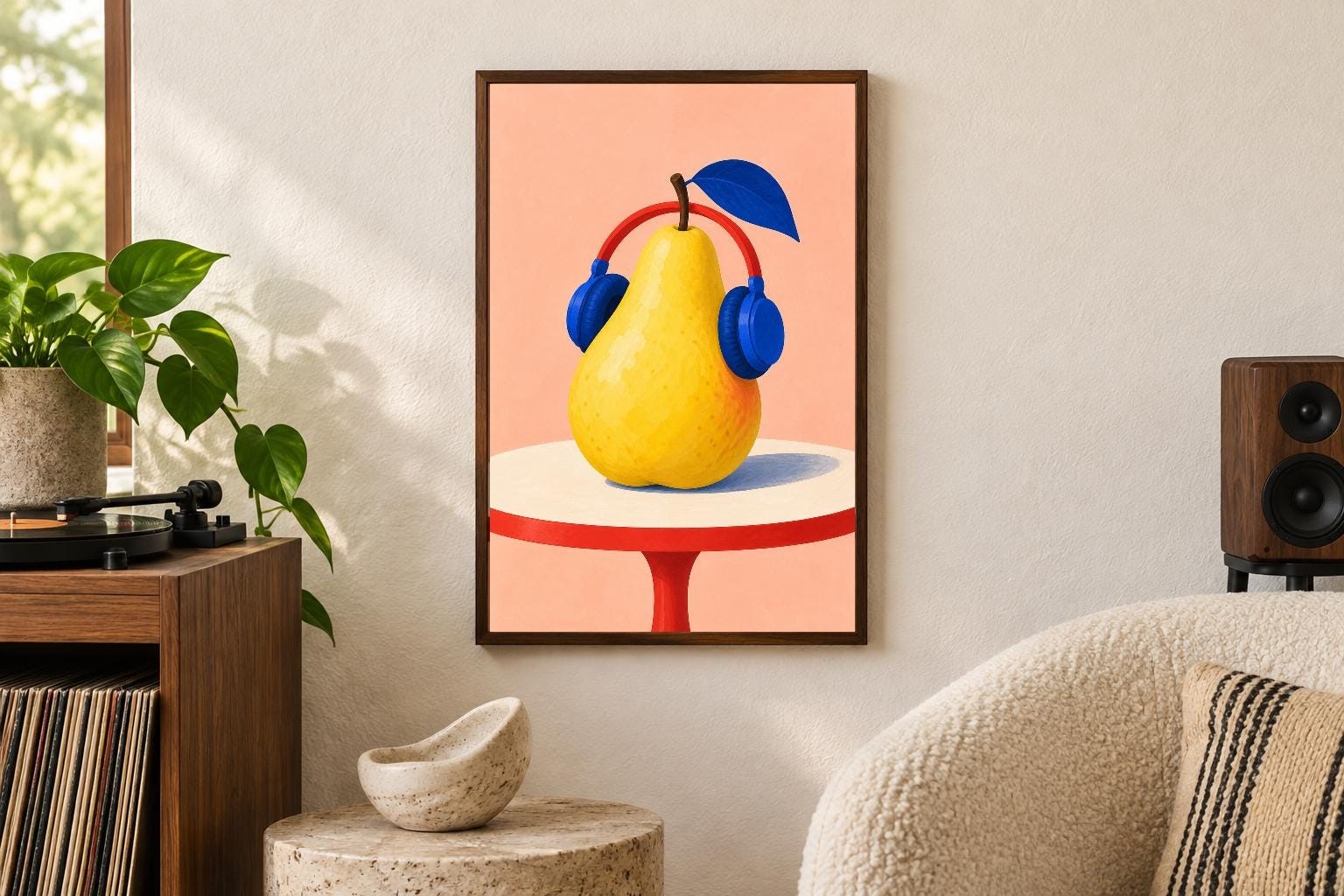 Pear with Headphones Kitchen Wall Art | Pear Listening Party | Digital Download — presentación de la obra