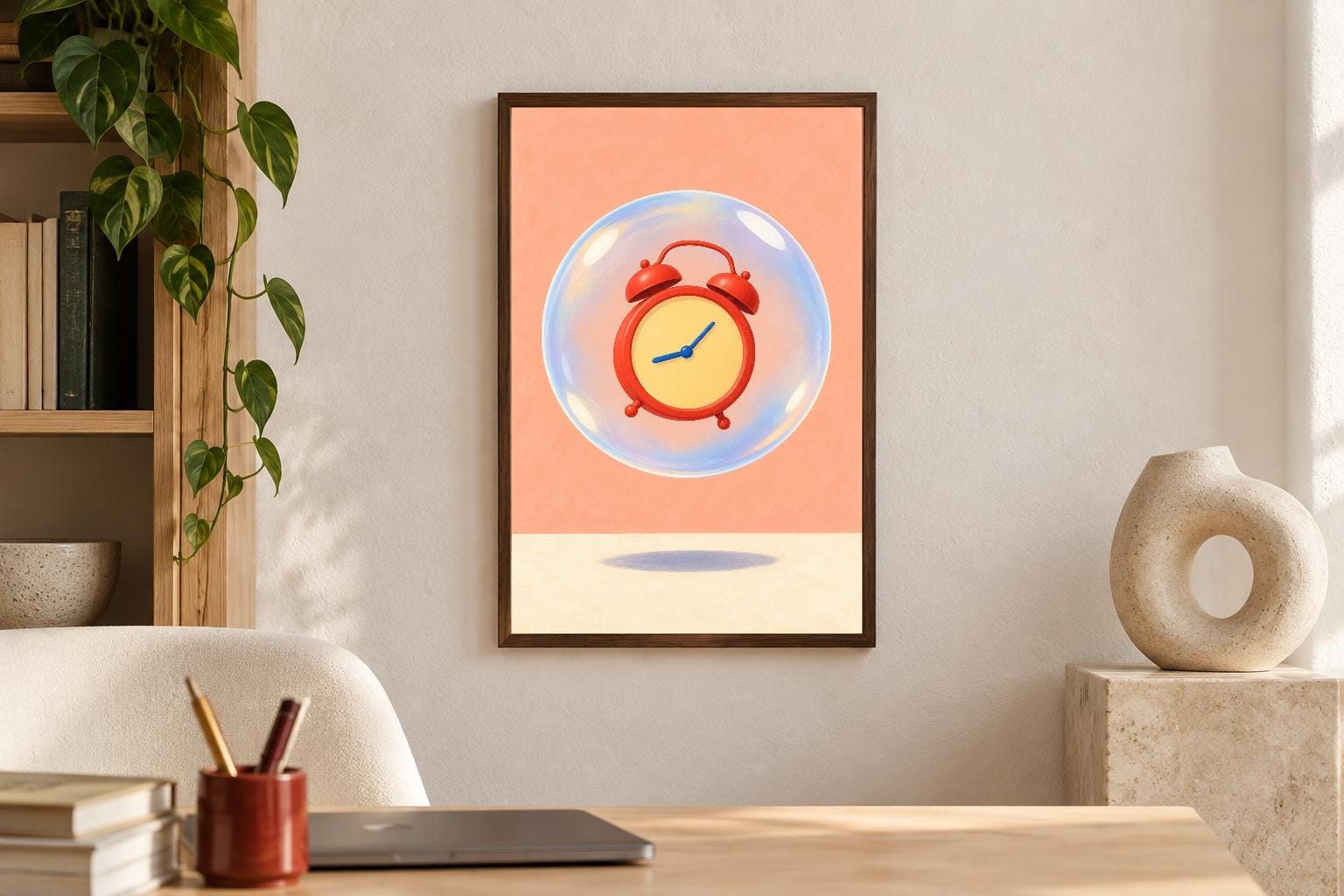 Floating Clock in a Bubble Wall Art | Time for a Bubble | Digital Download — presentación de la obra