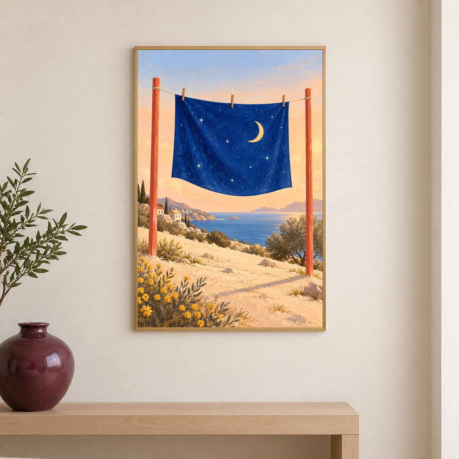 Night Laundry Wall Art | Moon, Stars, Coastal Scene (A3 Digital Download) — presentación de la obra