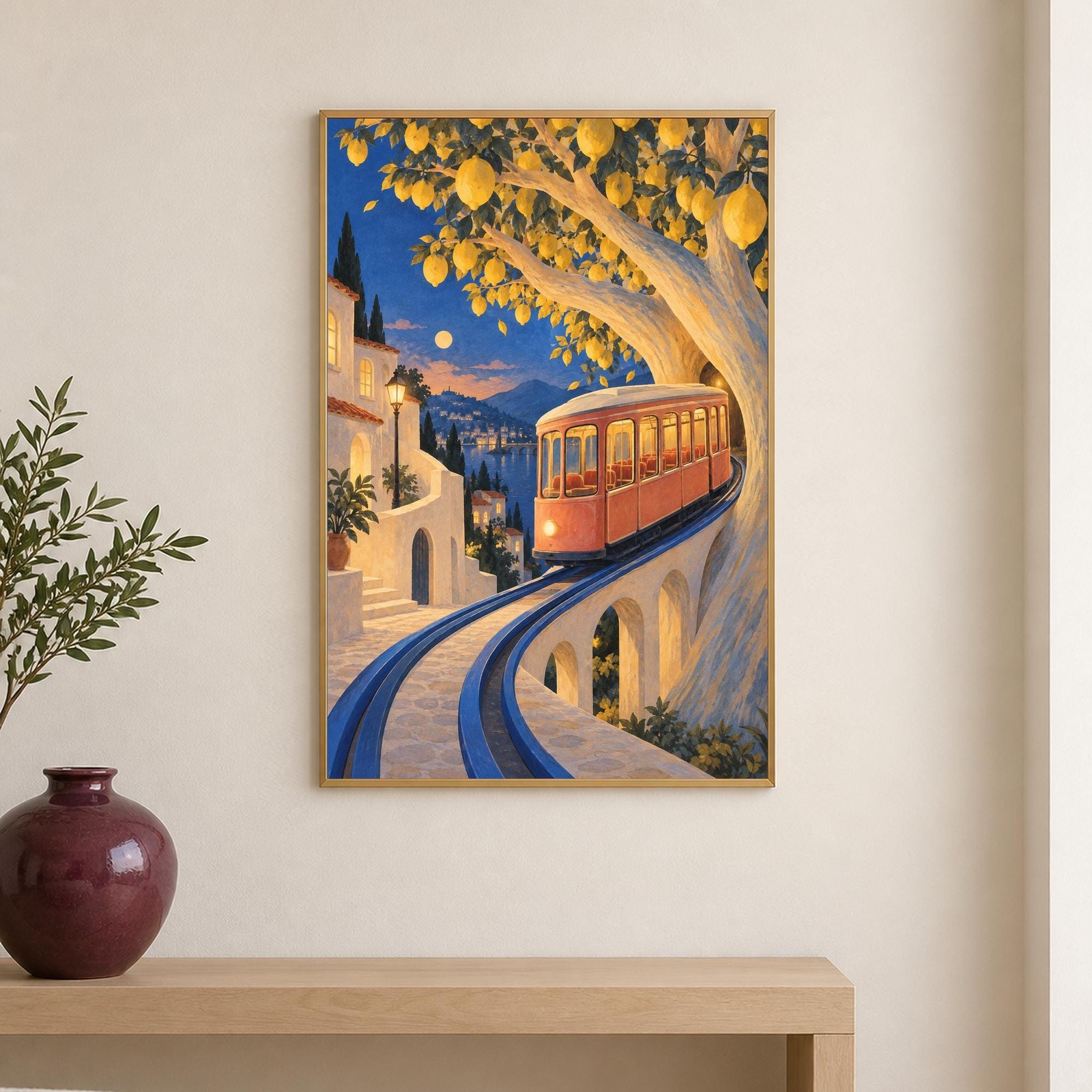 Lemon Orchard Tram Art Print | Nostalgic Village Scene (Digital Download) — presentación de la obra