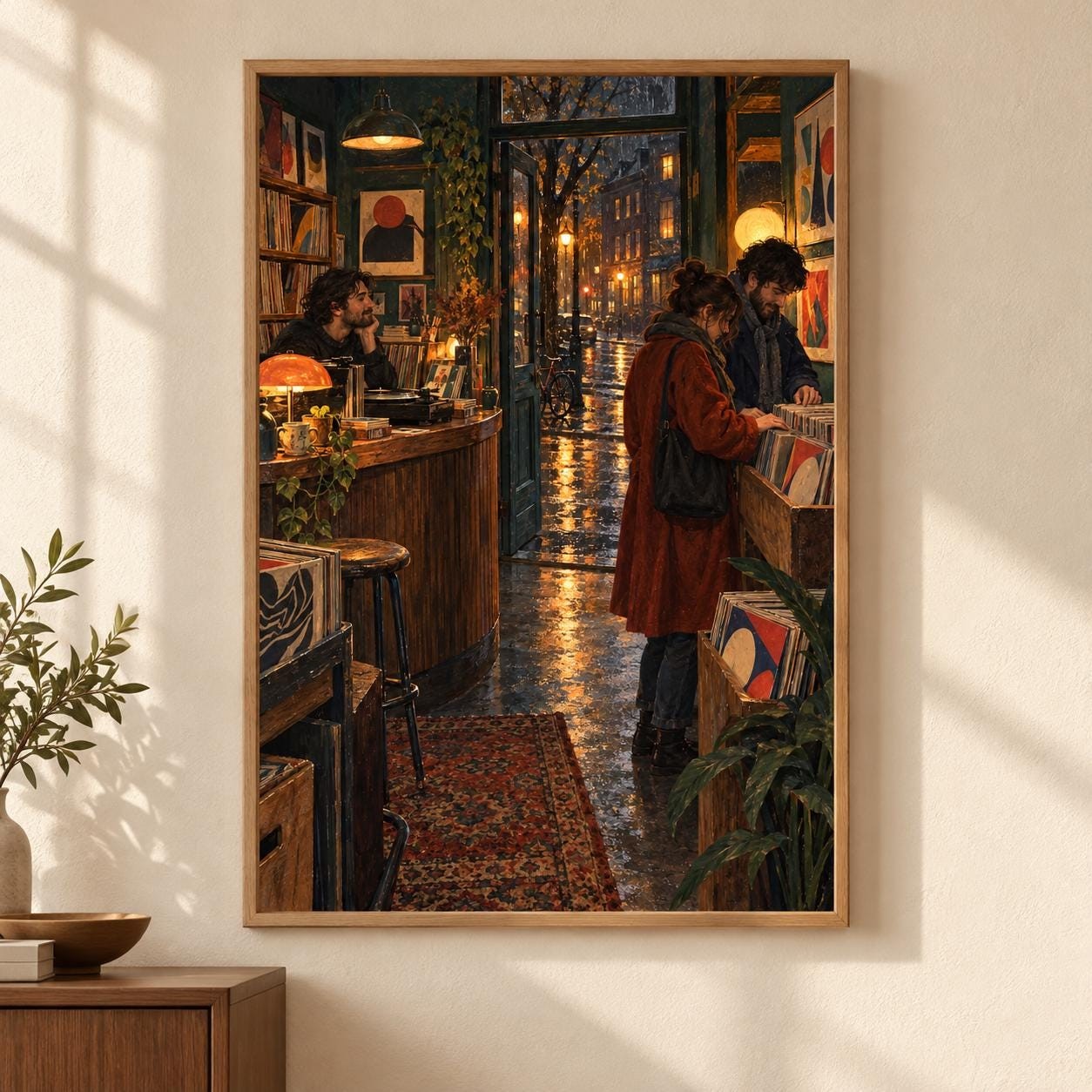 Rainy Record Shop Wall Art | The Last Crate Before Closing | Digital Download — presentación de la obra