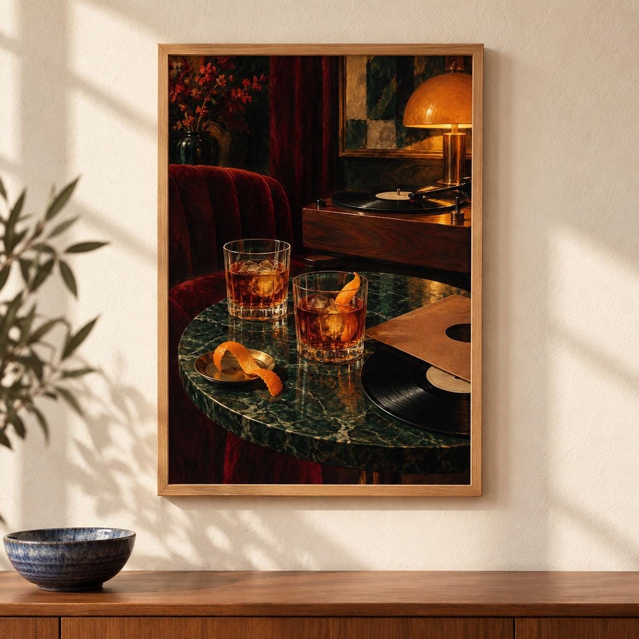 Vinyl and Cocktails Wall Art | Amber Side at Midnight | Digital Download — presentación de la obra