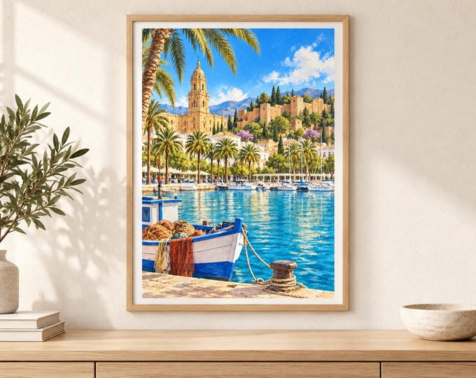 Malaga Harbour Wall Art, Blue Fishing Boat, Sunny Coast (A3 Digital Download) — presentación de la obra