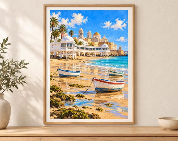 Cadiz Beach Art Print, La Caleta Boats, Coastal Spain (A3 Digital Download) — presentación de la obra