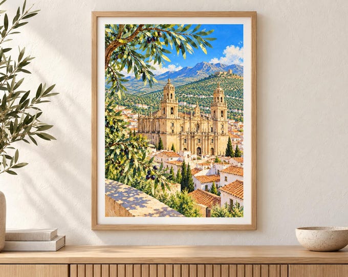 Jaen Cathedral Wall Art, Olive Trees and Sunny Rooftops, A3 Printable Andalusia Digital Download — presentación de la obra