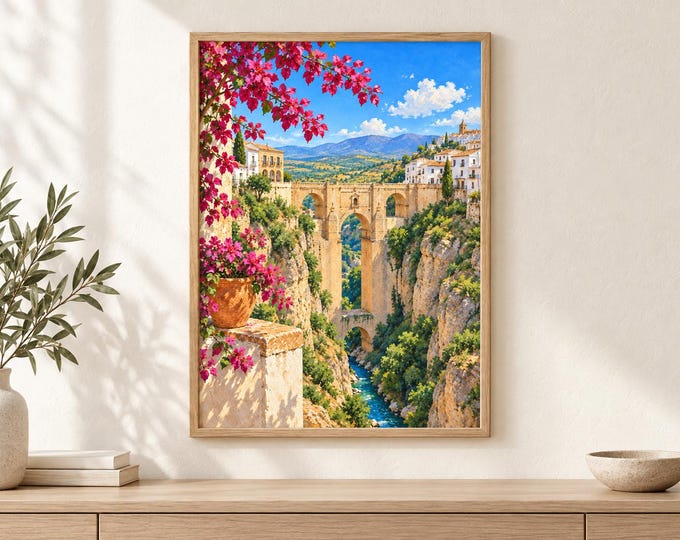 Ronda Puente Nuevo Wall Art, Gorge and Bougainvillea, A3 Printable Spain Digital Download — presentación de la obra