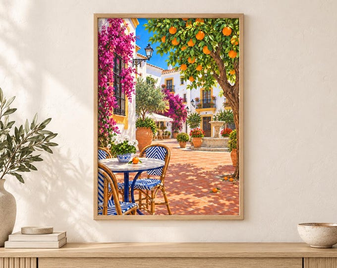 Marbella Orange Square Wall Art, Sunny Cafe and Flowers, A3 Printable Spain Digital Download — presentación de la obra
