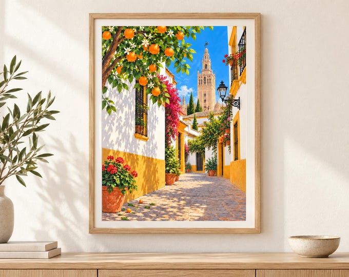 Seville Giralda Wall Art, Sunny Andalusia Street, A3 Printable Mediterranean Digital Download — presentación de la obra