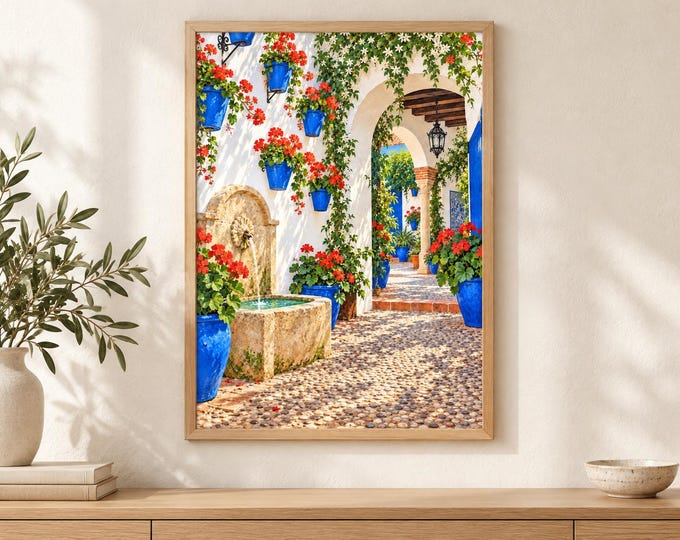 Cordoba Patio Wall Art, Blue Flower Pots and Geraniums, A3 Printable Andalusia Digital Download — presentación de la obra