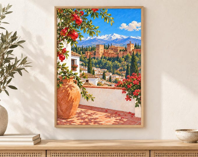 Granada Alhambra Wall Art, Sunny Terrace and Sierra Nevada, A3 Printable Spain Digital Download — presentación de la obra