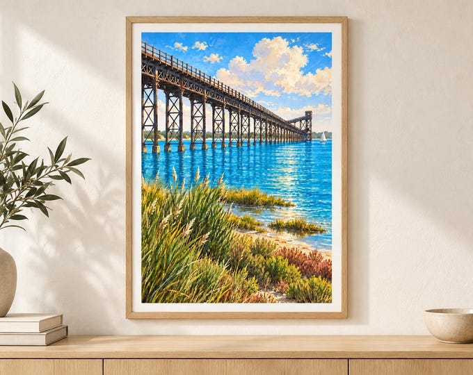 Huelva Rio Tinto Pier Wall Art, Colourful Estuary Scene, A3 Printable Spain Digital Download — presentación de la obra