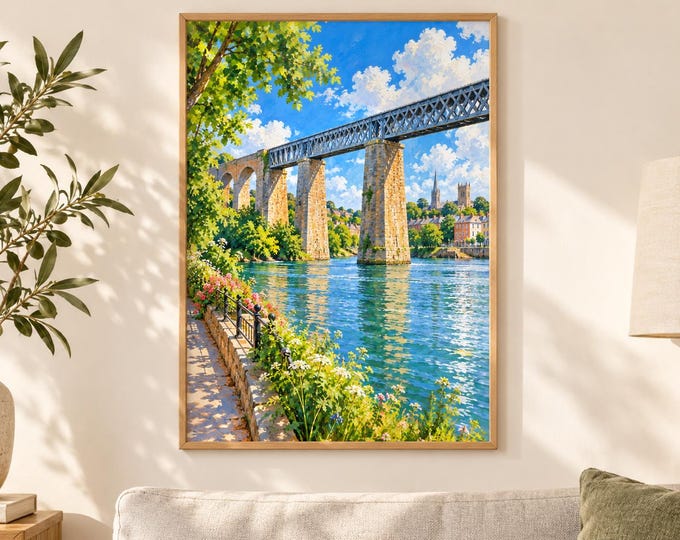 Drogheda Boyne Viaduct Wall Art, Sunny Riverside Landscape, A3 Printable Ireland Digital Download — presentación de la obra