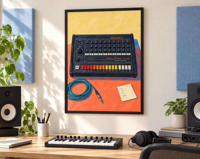 Roland TR-808 Wall Art Print, Colourful Drum Machine Poster, A3 Digital Download — presentación de la obra