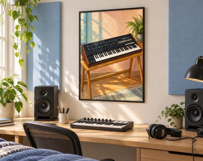 Korg Polysix Wall Art Print, Colourful Synthesizer Poster, A3 Digital Download — presentación de la obra