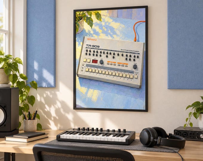 Roland TR-909 Wall Art Print, Colourful Drum Machine Poster, A3 Digital Download — presentación de la obra