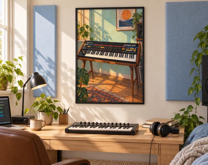 Roland JUNO-60 Wall Art Print, Colourful Synthesizer Poster, A3 Digital Download — presentación de la obra