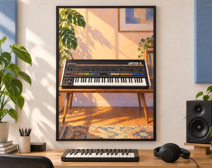 Roland JUPITER-8 Wall Art Print, Colourful Synthesizer Poster, A2 Digital Download — presentación de la obra