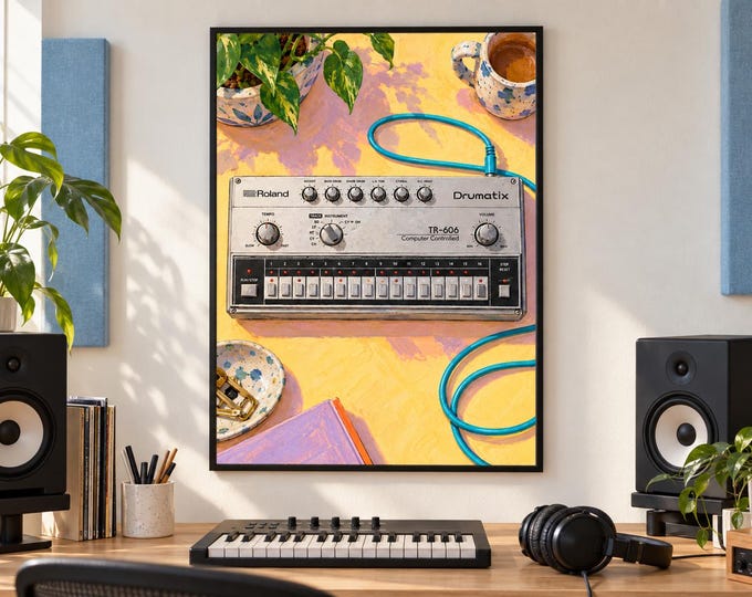 Roland TR-606 Wall Art Print, Colourful Drum Machine Poster, A2 Digital Download — presentación de la obra