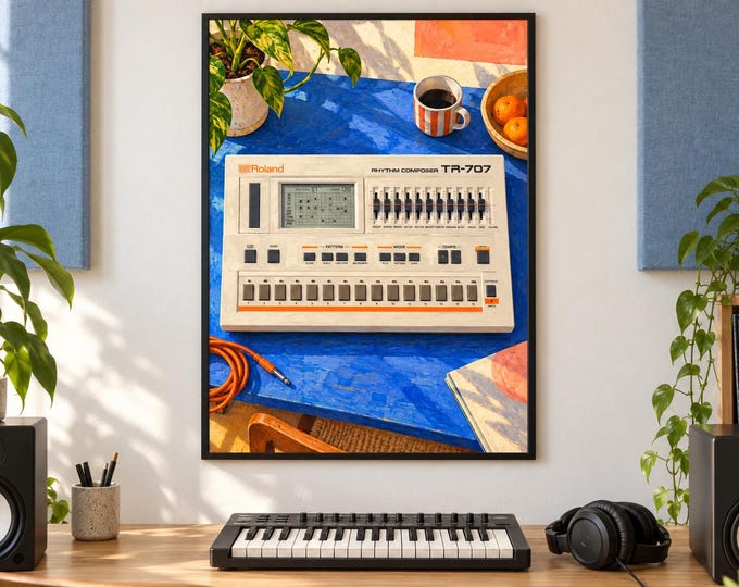 Roland TR-707 Wall Art Print, Colourful Drum Machine Poster, A2 Digital Download — presentación de la obra
