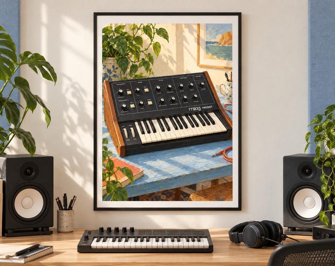 Moog Prodigy Wall Art Print, Colourful Synthesizer Poster, A2 Digital Download — presentación de la obra
