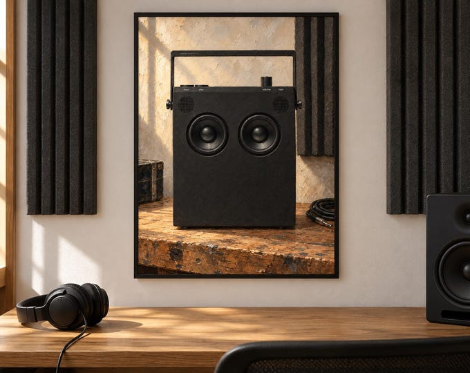 OB-4 Speaker Wall Art, Wooden Music Studio Poster, A2 Printable Download — presentación de la obra