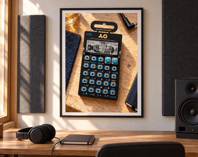 PO-14 Sub Bass Synth Wall Art, Wooden Music Studio Poster, A2 Printable Download — presentación de la obra