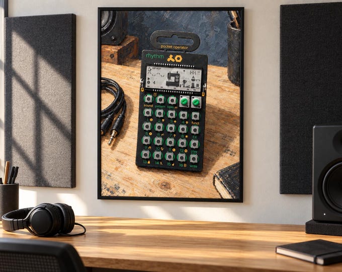 PO-12 Rhythm Drum Machine Wall Art, Wooden Music Studio Poster, A2 Printable Download — presentación de la obra